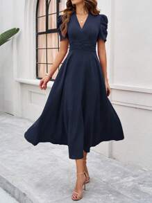 RosyDaze Ladies" Fashionable Solid Color Bubble Sleeve V-Neck Dress Maxi Women Outfit