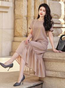 DAZY Elegantes Chiffon-Patchwork-Midikleid mit Puffärmeln für Frauen, Rüschen - Pink - Übersicht 1