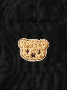 SHEIN Playful Pals 1 件装男婴焦糖棕色灯芯绒连体裤，配有可爱的泰迪熊刺绣贴片和配套的双色纽扣，舒适的复古风格适合秋冬季外出、度假和日常穿着 - 黑色 - 查看 4