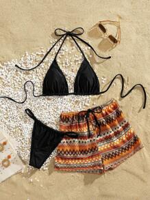 Women 3pcs Beach Outfit Set, Simple Solid Color Halter Bikini And Drawstring Shorts, Textured Fabric For Summer Beach Vacation - Black - View 3