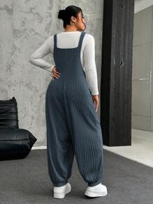 SHEIN EZwear Plus Size Grey Elastic Textured Bib Pants For Autumn/Winter - Navy Blue - View 2