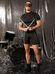 FeverCity Men's Contrast Line Splice Front Zipper Short Sleeve Casual Jumpsuit & Bib Pants - Black - View 3