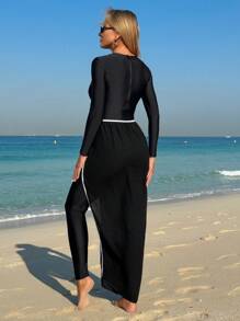 Swim Shayni Summer 2024 3-Piece Swimwear For Women, Long Sleeve, Long Pants, Waist Floral Wrap Skirt, Conservative Swimwear Set, BurkiniArabic Clothing - Black - View 5