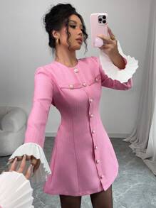 Elenzga Elegante Sexy Zwarte Mini A-lijn Jurk Voor Dames Met Gouden Knoop Contrasterende Kleur Ruffle Manchet, Lange Mouw