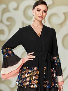 Al Najma 长款 V 领拼色长袖休闲长款阿拉伯长袍 - 彩色 - 查看 4