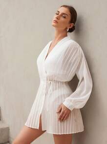 SHEIN Swim 夏季女士褶皱雪纺和服罩衫，腰部系带，适合海滩、度假 - 白色 - 查看 1