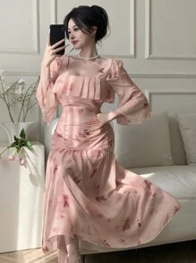 DAZY Floral Print Ruffle Hem Midi Dress For Women Prom Dress Easter - Pink - View 1