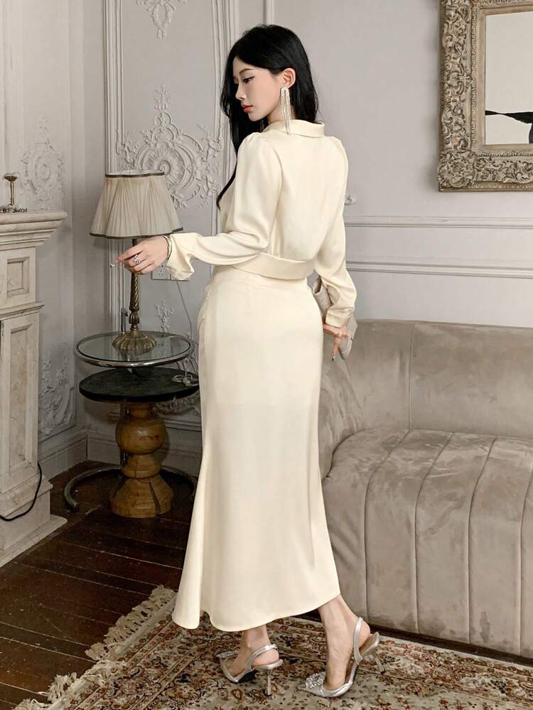 2pcs/Set Women Solid Color Shirt And Skirt Vintage Clothes Set, Spring Work Women Clothes,Fall Women Clothes