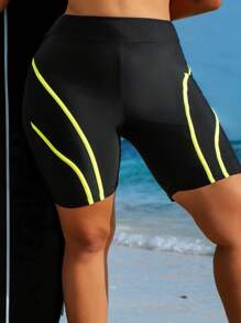 Swim SPRTY Plus Size Women High Waist Contrast Color Knee Length Beach Shorts, Sports Shorts For Summer Beach Vacation