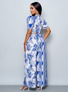 SOLERSUN Conjunto de 2 piezas de verano y primavera para mujer con blusa de manga abullonada, escote en V profundo con nudo al frente y pantalón recto plisado de cintura elástica, con estampado floral sobre fondo blanco, para paseos y vacaciones