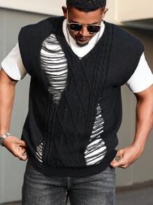 Manfinity LEGND Chaleco de punto casual minimalista con cuello en V y diseño desgastado para hombres de talla grande