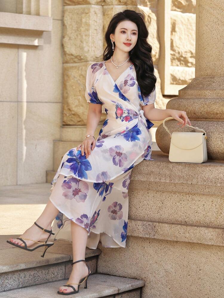 V-Neck Tied Ruffle Hem Floral Midi Dress For Women Sundress Easter