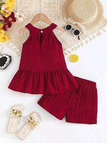 2pcs/Set Little Girls Summer Floral Halter Chiffon Ruffled Top And Shorts Set, Vacation Elegant Outfit - Burgundy - View 2