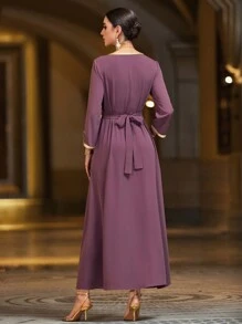 Layrah V-Neck Long Sleeve Simple Elegant Handmade Rhinestone Arabia Style Dress Kaftan Jalabiya Dress - Red Violet - View 2