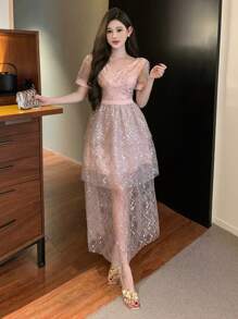 DAZY V-Neck Sequin Ruffle Hem Mid-Long Dress For Women, Holiday & Date Night Outfit Prom Dress Sundress