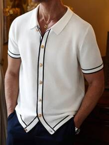 Manfinity CityGents Camisa casual de punto de manga corta con botones y ribete de contraste para hombres