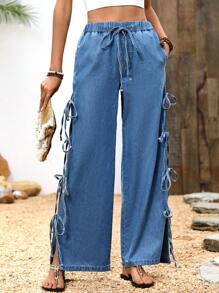 Breezaya Women's Front Tie Pocket Casual Straight Leg Jeans