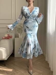 DAZY Full Floral Print V-Neck Bubble Puff Sleeve Fishtail Midi Dress For Women,Ruffle,Fall Dress Long Sleeve Dress - Blue - View 7