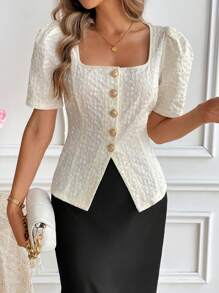 Calvaya Blusa casual de mujer con cuello cuadrado, mangas abullonadas, cintura ceñida y abertura en el bajo para primavera/verano