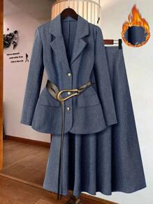 Calvaya French Elegant Elegant Casual Turndown Collar Long Sleeve Herringbone Blazer With Elastic Waist Asymmetrical Skirt Women Suit Set, Autumn/Winter