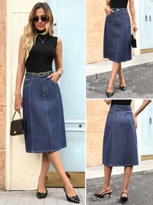 EMERY ROSE 女士休闲水洗中长牛仔 A 字裙 - 深色水洗藍 - 查看 1