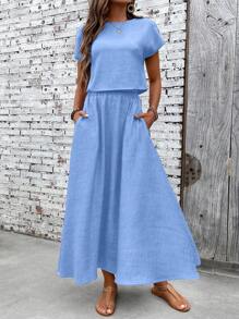 EMERY ROSE Bộ 2 áo thun tay ngắn và chân váy màu trơn đơn giản cho nữ - Màu xanh nhạt - Xem 6