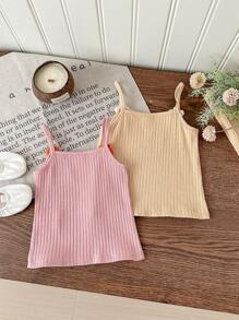LMoss Kids Young Girl Knit Solid Color 3D Floral Camisole Set - Multicolor - View 2