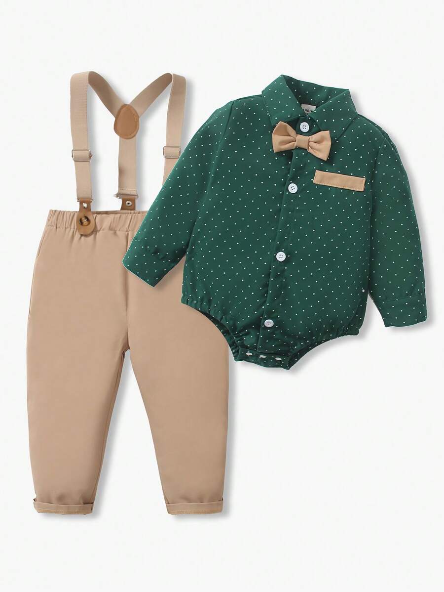 SHEIN 2 件套男婴波尔卡圆点长袖领结衬衫和吊带裤套装,舒适休闲正式服装适合日常、活动、表演、万圣节、圣诞节 - 綠色 - 查看 1