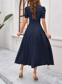 RosyDaze Ladies" Fashionable Solid Color Bubble Sleeve V-Neck Dress Maxi Women Outfit