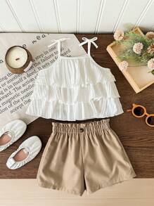 LMoss Kids LMoss Baby Girl Woven Solid Color Ruffle Trim Camisole Top And Coordinating Woven Solid Color Shorts 2pcs Outfit Set - White - View 5