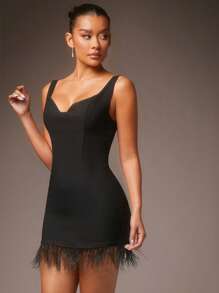 L'Amorae Elegant Faux Feather Valentine's Day Mini Dress - Black - View 1