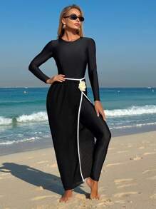 Swim Shayni Summer 2024 3-Piece Swimwear For Women, Long Sleeve, Long Pants, Waist Floral Wrap Skirt, Conservative Swimwear Set, BurkiniArabic Clothing - Black - View 1
