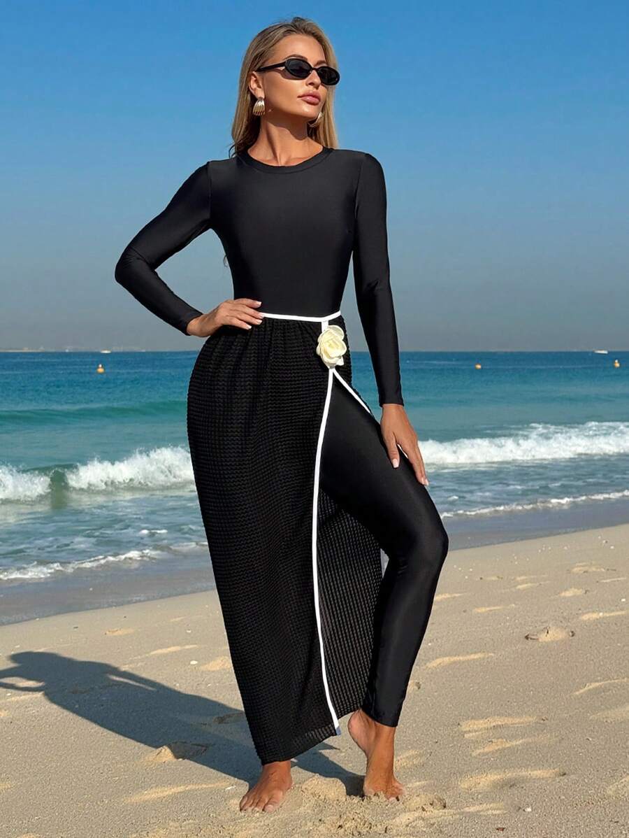 Swim Shayni Summer 2024 3-Piece Swimwear For Women, Long Sleeve, Long Pants, Waist Floral Wrap Skirt, Conservative Swimwear Set, BurkiniArabic Clothing - Black - View 1