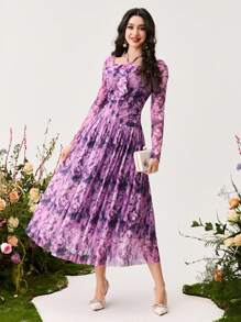 Modelyn Vestido maxi elegante sin mangas con cuello halter y malla con estampado floral para mujer