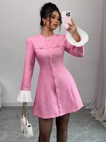 Elenzga Elegante Sexy Zwarte Mini A-lijn Jurk Voor Dames Met Gouden Knoop Contrasterende Kleur Ruffle Manchet, Lange Mouw