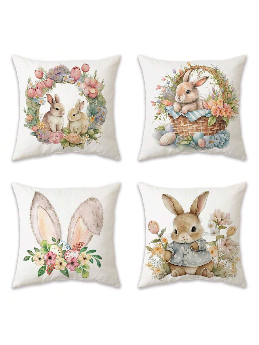 4个装复活节可爱兔子枕套 单面高清印花枕套 客厅沙发装饰枕 卧室装饰枕 酒店宾馆枕芯（不含芯） - 彩色 - 查看 1