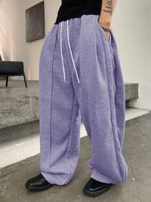 Manfinity Homme Men's Solid Color Front Tie Simple Loose Casual Sweatpants, Everyday Wear