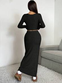 SHEIN EZwear Women Solid Color Long Sleeve Ribbed Slim Fit Top And Slit Hem Pencil Skirt Set - Black - View 2