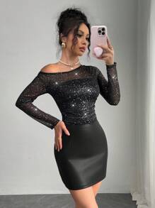 Chiquease Versatile Shoulder Revealing Silver Heat Printing Sexy Sheer Mesh Crop Top - Black - View 5
