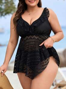 Swim Lushoire Plus Size Women's Two-Piece Black Solid Color Lace Ruffle Minimalist High Waisted Swim Dress & Swim Bottom, For Summer Beach Vacation - Black - View 1