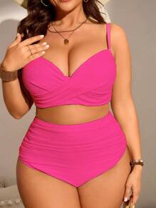 SHEIN Swim Curve Bộ bikini 2 mảnh màu trơn cỡ lớn mùa hè cho nữ, trang phục đi nghỉ thời trang và nâng đỡ - Màu Hồng Tươi - Xem 6