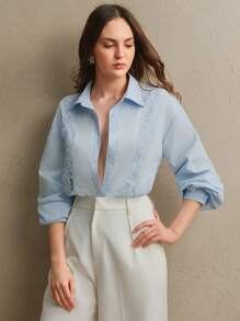 Anewsta Áo cánh ren Lyocell màu xanh công sở dành cho nữ mặc đi làm, mùa xuân - Màu xanh lam - Xem 5