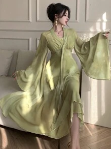 DAZY Plain V-Neck Mid-Length Women's Sheath Dress Prom Dress,Fall Dress Long Sleeve Dress - Green - View 9