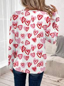 SHEIN LUNE Valentijnsdag Casual Hartpatroon Vierkante Hals Lange Mouw T-shirt Voor Vrouwen, Geschikt Voor Lente En Herfst