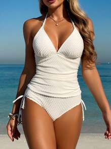 Breezaya Atasan Tankini Wanita Kasual Musim Panas Warna Polos Rajut Jacquard Berhiaskan Manik-manik dan Tali Serut - Putih - View 3