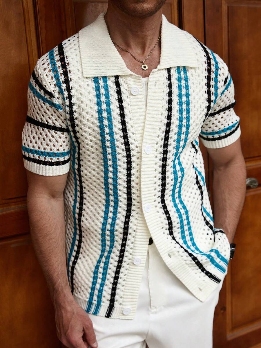 Manfinity Homme Men's Front Button Short Sleeve Striped Casual Knit Top - Multicolor - View 1