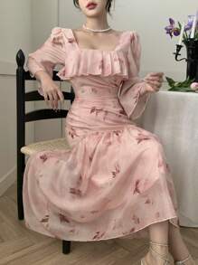 DAZY Floral Print Ruffle Hem Midi Dress For Women Prom Dress Easter - Pink - View 3