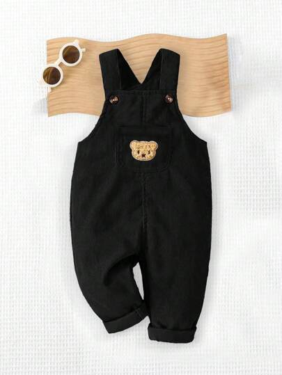 SHEIN Playful Pals 1 pieza Peto de pana marrón caramelo para niño bebé con parche bordado de osito adorable y botones a dos tonos a juego, acogedor estilo vintage apropiado para salidas de otoño/invierno, vacaciones y uso diario