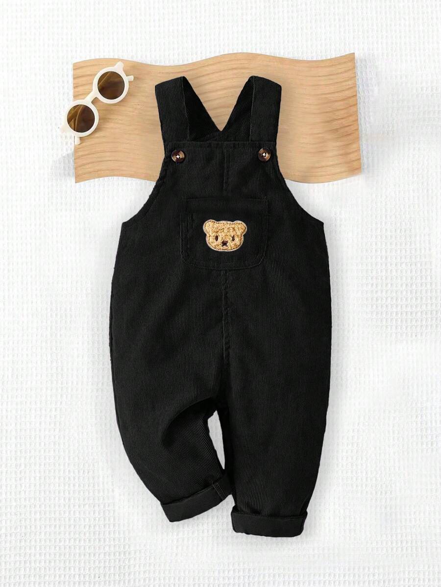 SHEIN Playful Pals 1 件装男婴焦糖棕色灯芯绒连体裤，配有可爱的泰迪熊刺绣贴片和配套的双色纽扣，舒适的复古风格适合秋冬季外出、度假和日常穿着 - 黑色 - 查看 1