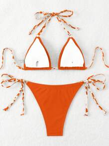 Swim Basics Women Color Block Bikini Top And Bottom Set, Random Print For Summer Beach Vacation - Multicolor - View 3